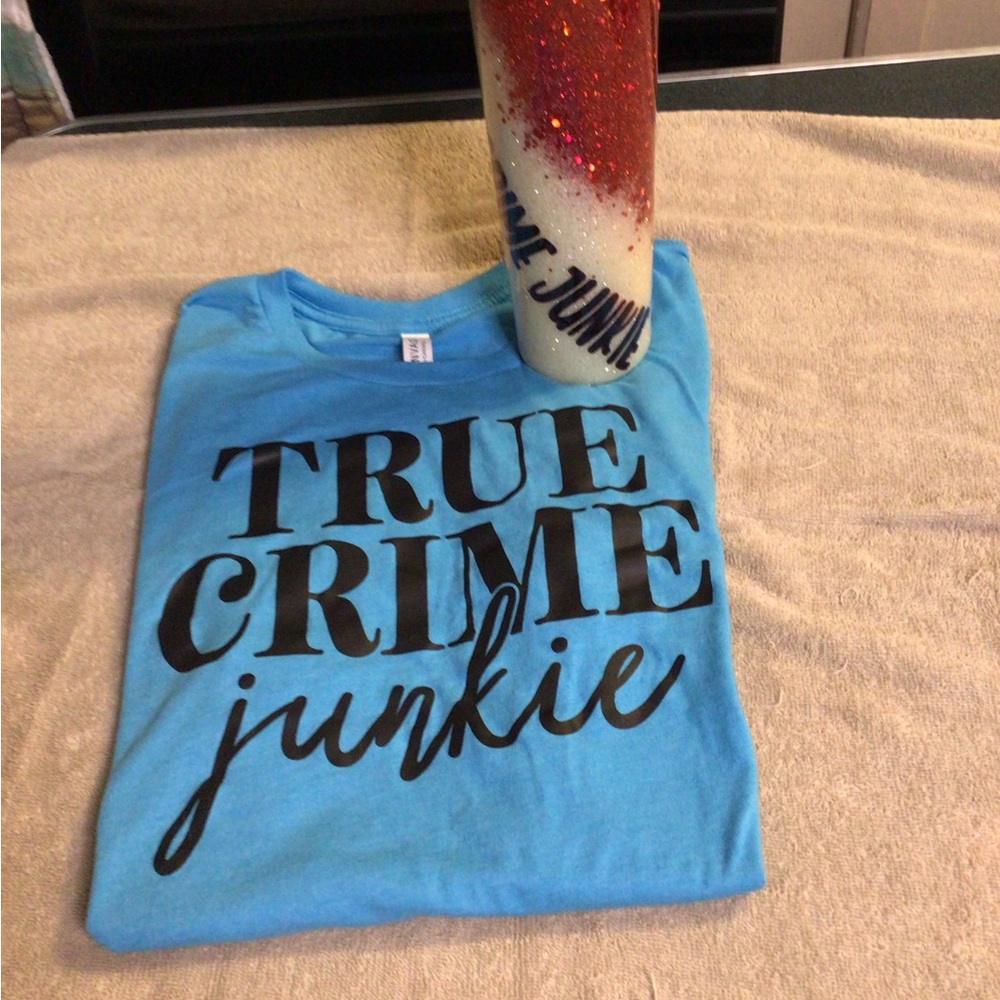 Blue True Crime Junkie Women’s Shirt With True Crime Junkie Tumbler Bundle View 4